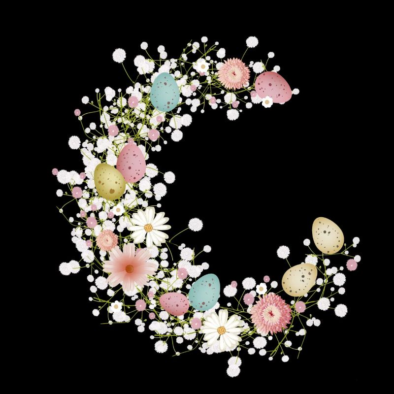 pastel-coloured Easter eggs, flowers and baby's breath