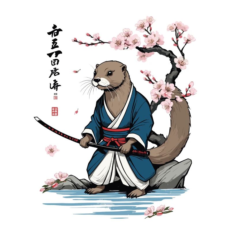 Cute Samurai Otter Cherry Blossom Ukiyo-E Design