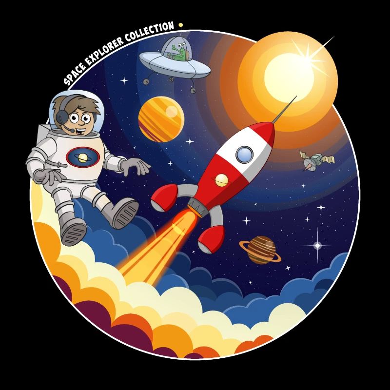 Rocket, astronaut, UFO and planets in space.