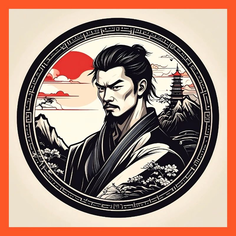 Samurai in circle frame sunset