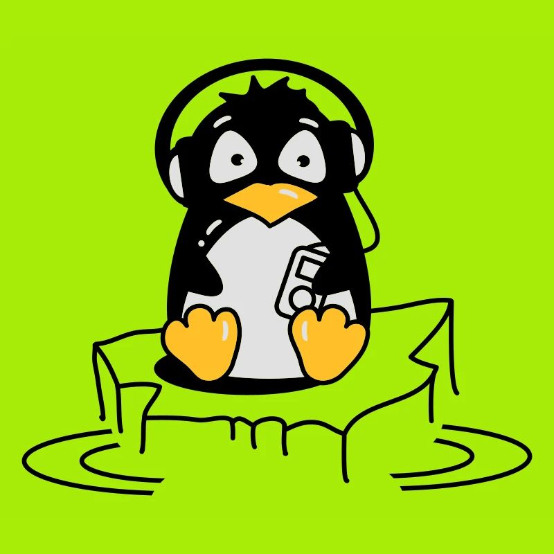 Cooler Pinguin mit Kopfhörern auf Eis