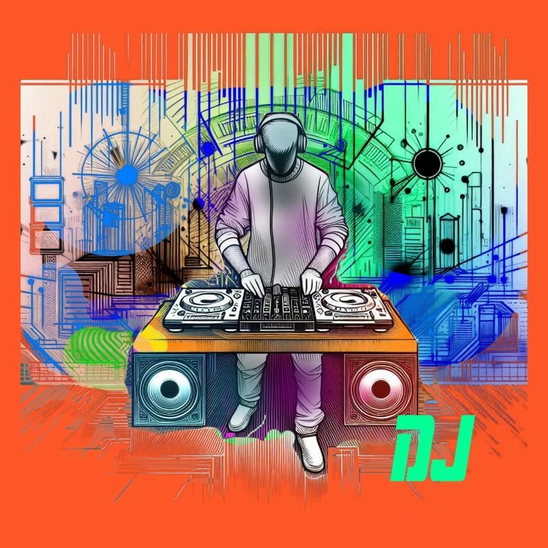 Dynamischer DJ mit bunten Techno-Designs