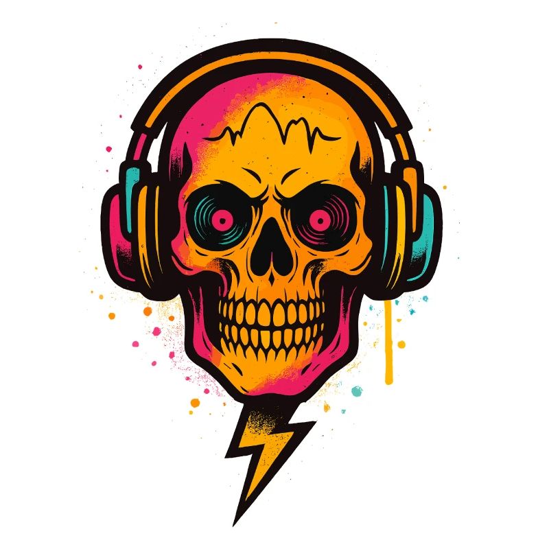 Neon Skull DJ, Techno Rave, Headphone Art