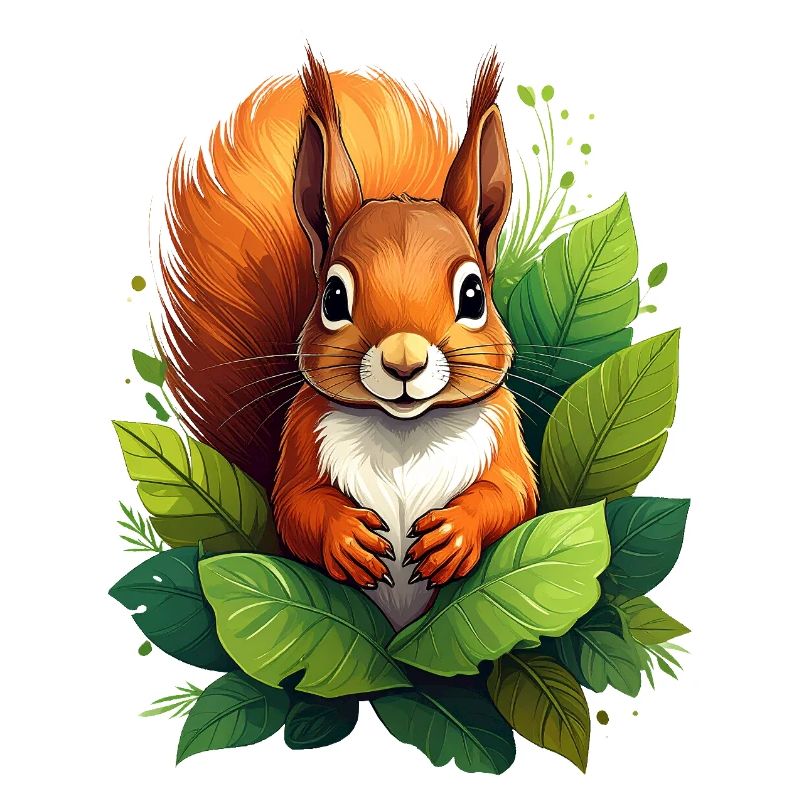 A squirrel between green leaves in the forest