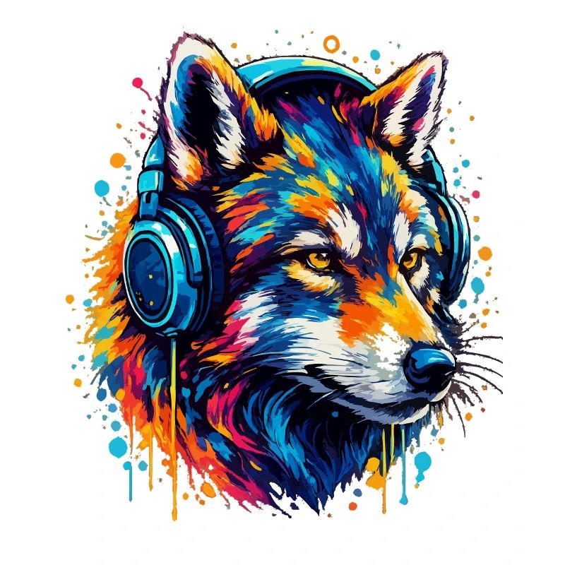 Fuchs mit Neon Kopfhörer Kunst