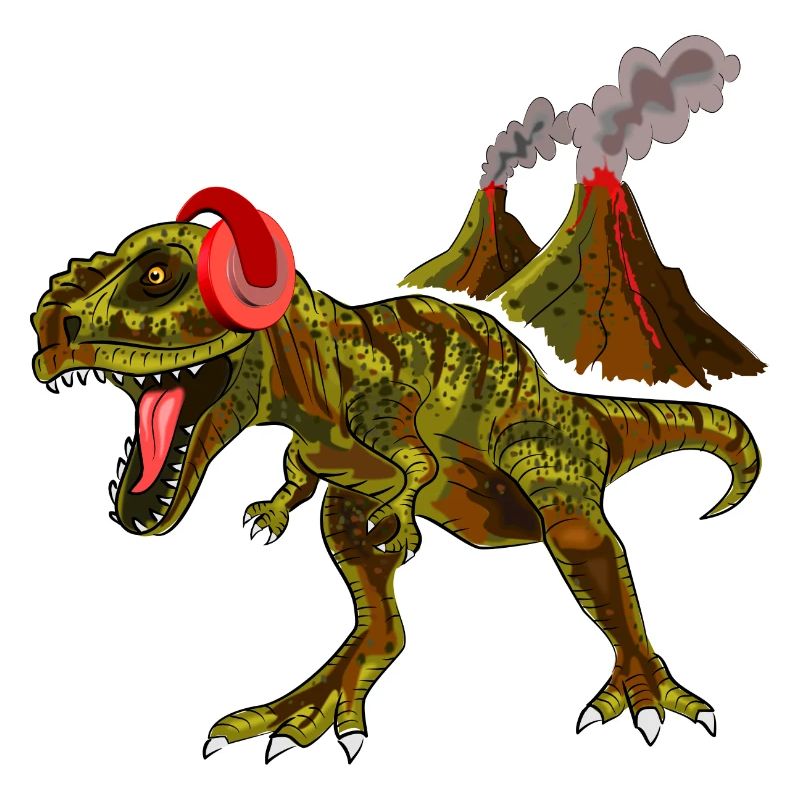 Dinosaure avec des écouteurs devant le volcan