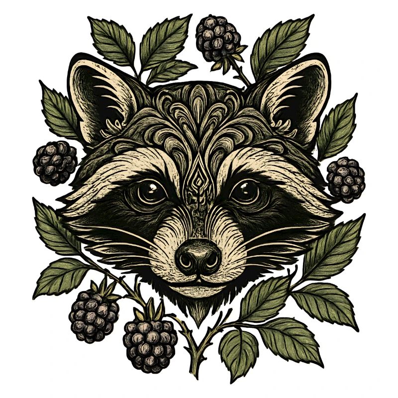 Visage de raton laveur avec feuilles de baies