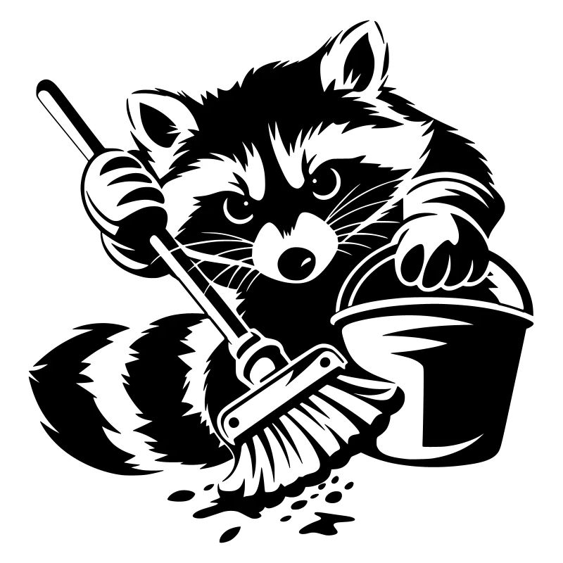 Waschbär mit Eimer & Mopp