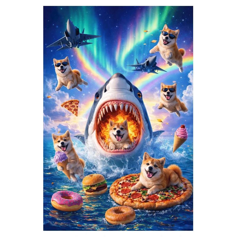 Requin avec pizza et chiens de l’espace