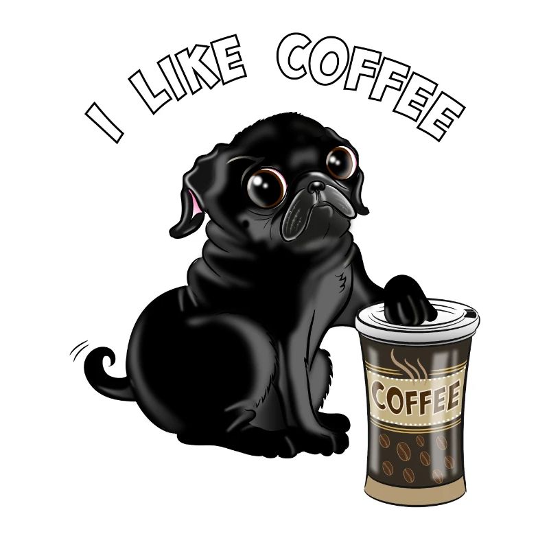 Schwarzer Mops oder Hund, Welpe mag Kaffee, Möpse