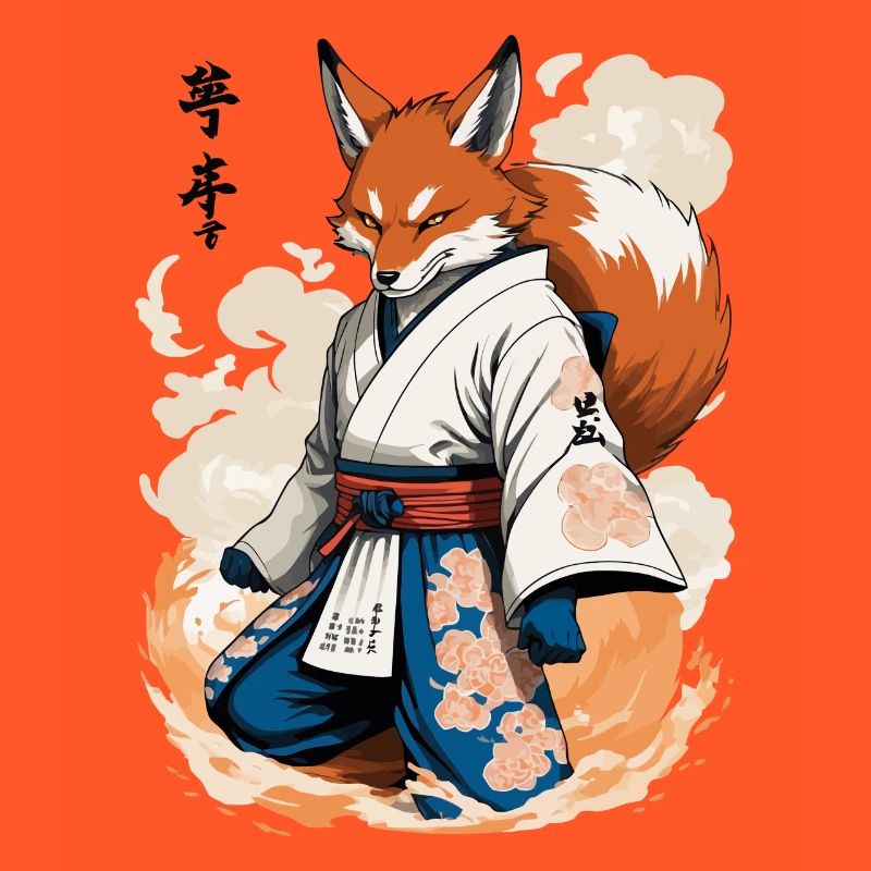 Kitsune Samurai Fox Vintage Ukiyo-e Style