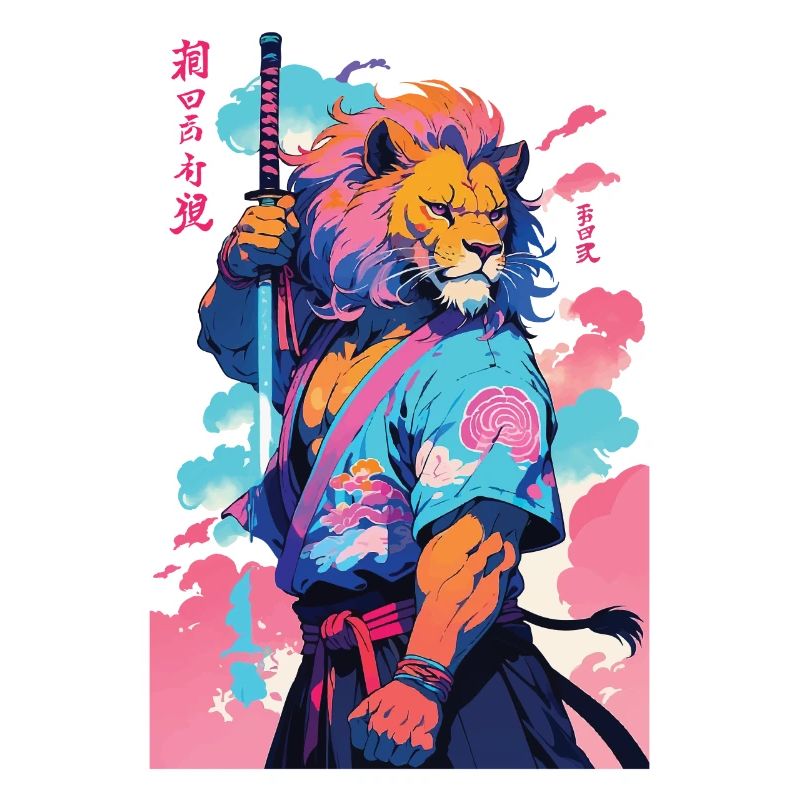 Samurai Lion Aesthetic Vaporwave Style