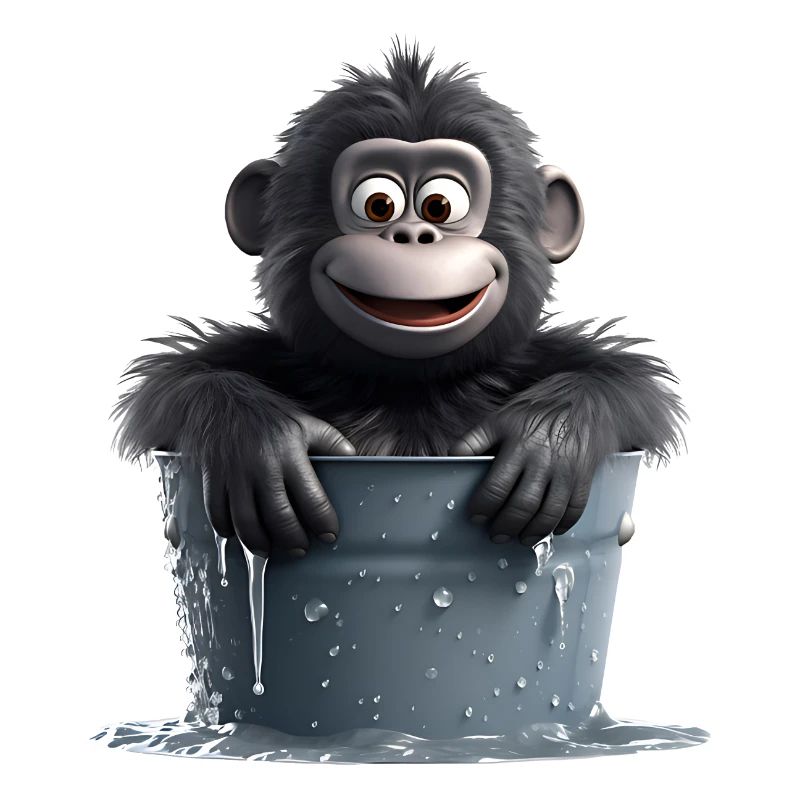 A monkey sitting in a water barrel