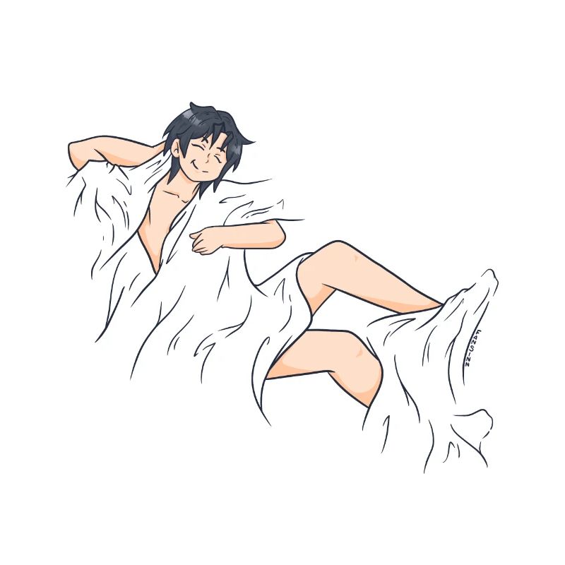 nackter Mann liegt mit einer Decke im Bett