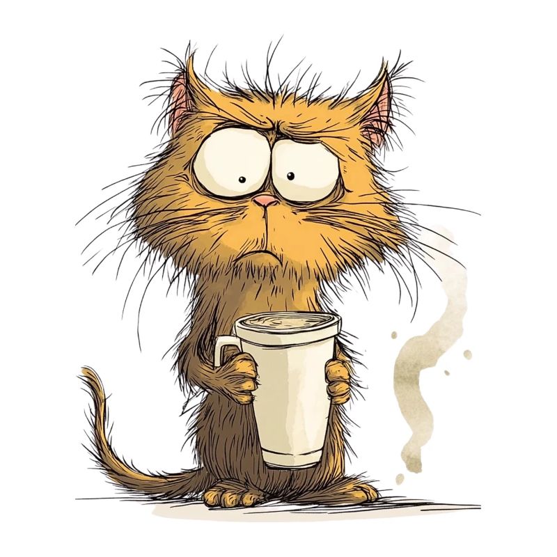 Morning grouch cat with coffee