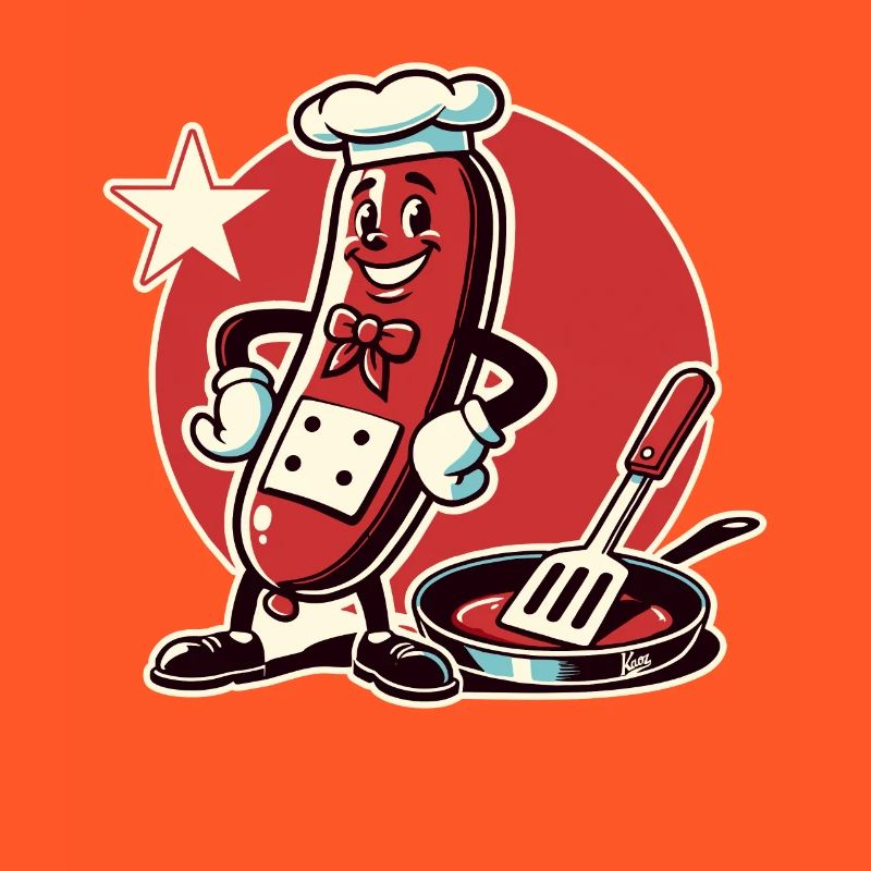 The chef is a funny bratwurst with a pan