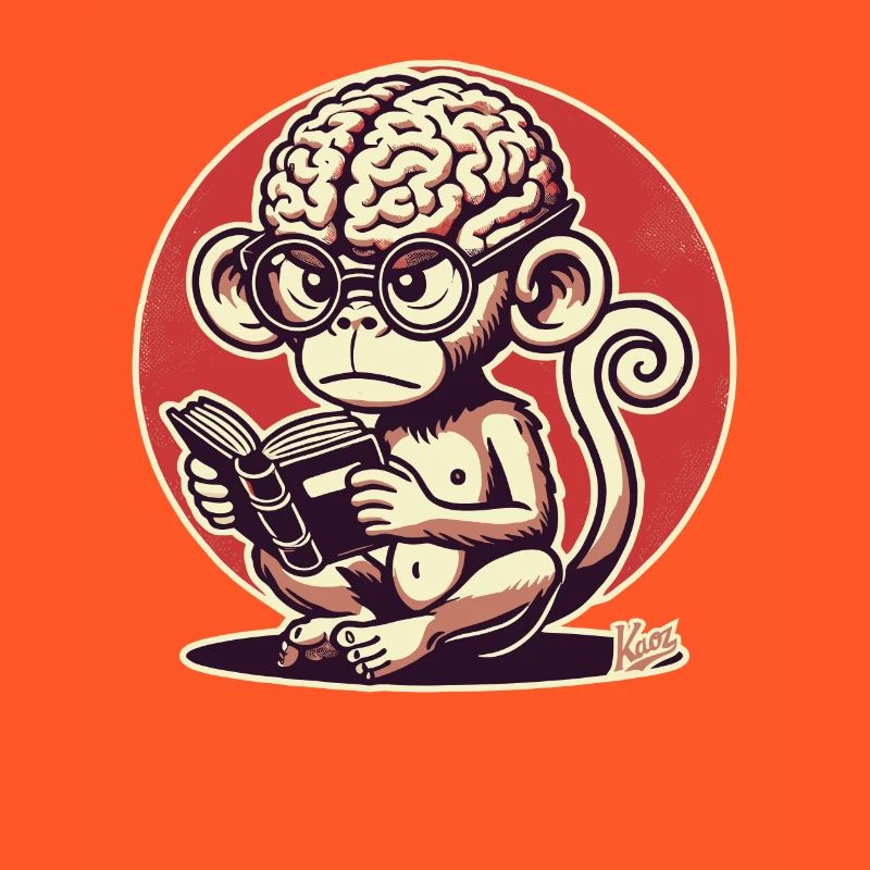 Nerd-Affe mit großem Geirn liest ein Buch