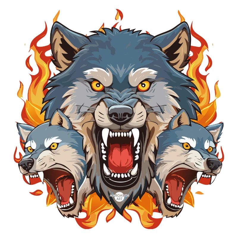 01 Bad Wolf Pack Wolves Head Fire Flames