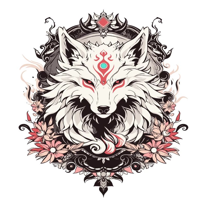 Ein Tattoo im Wolfsstil mit Blumen