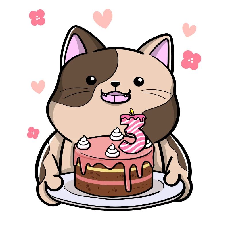 Chubby cat holds a birthday cake 3.