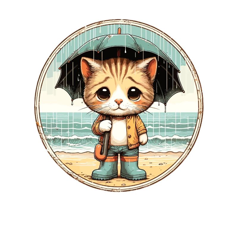 Cute cat with rubber boots and umbrella
