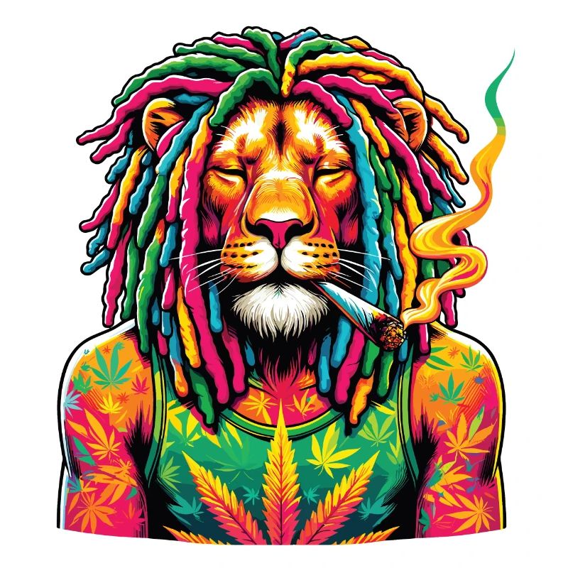 Ein Löwe mit Dreadlocks raucht einen Joint