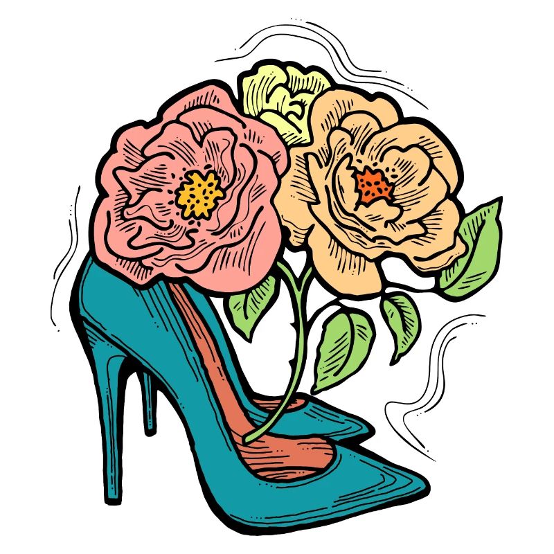 High Heels Schuhe mit Rosenblüte. Romantischer Stil.