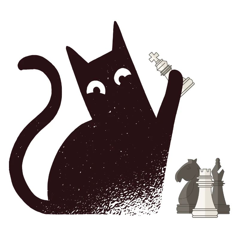 Cat playing chess with chess pieces