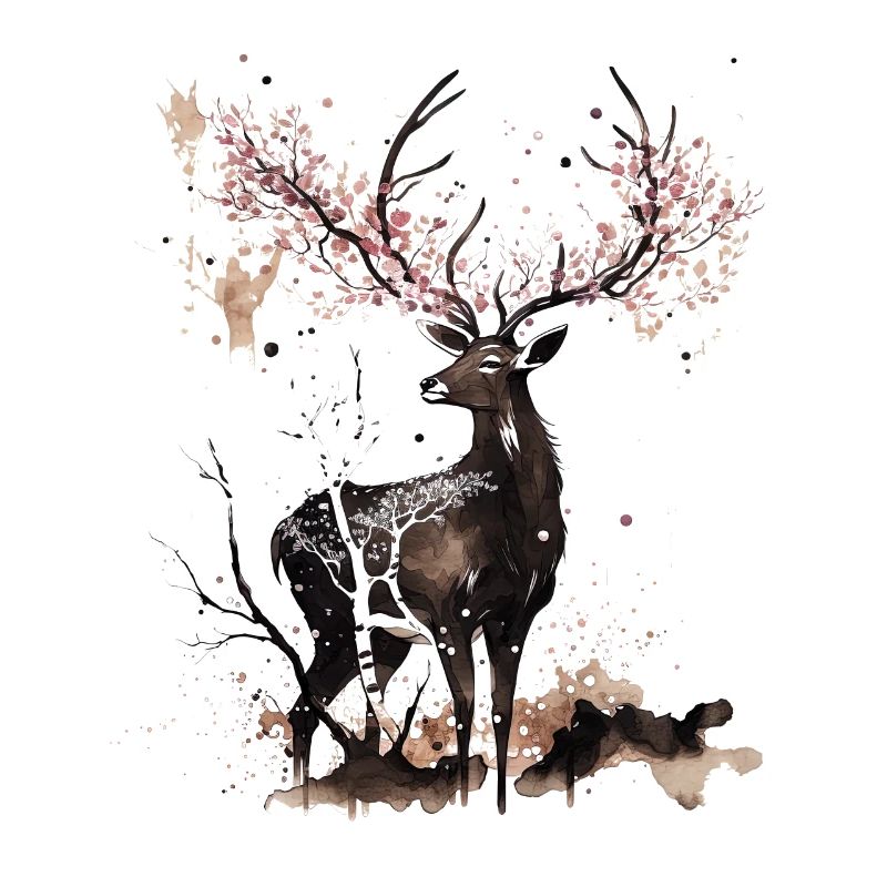 Deer Cherry blossoms Sakura tree Sumie