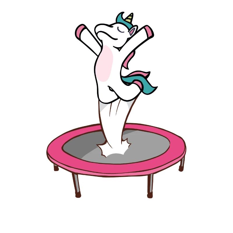 Ein Einhorn springt auf einem Trampolin.