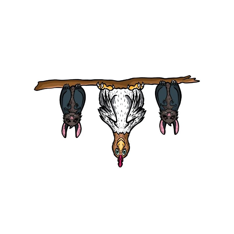 Funny bats and chicken hang upside down