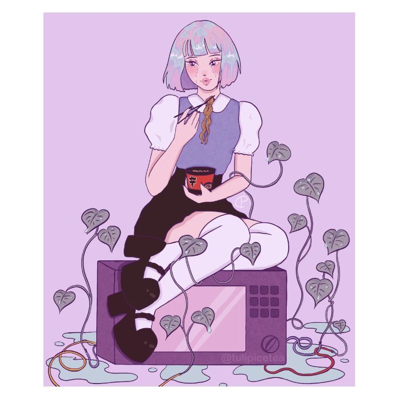 Anime Schulmädchen mit Ramen Mikrowelle Efeu