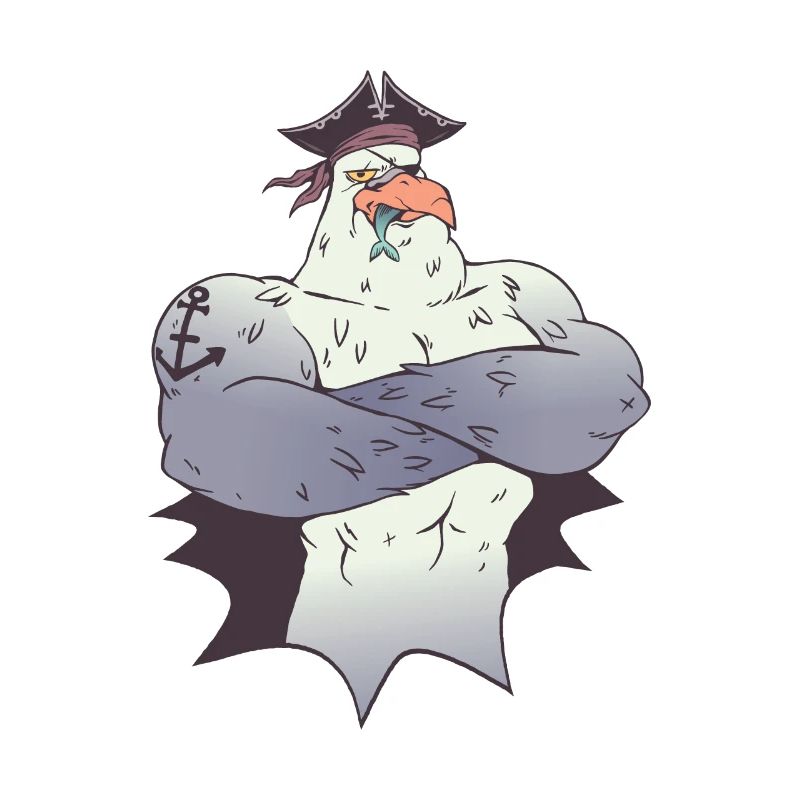 Pirate de mouette mangeant un poisson avec un tatouage d'ancre