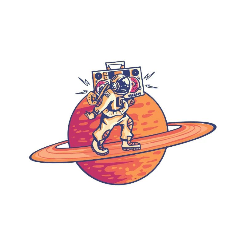 Astronaut geht auf Saturn Ring mit Ghettoblaster