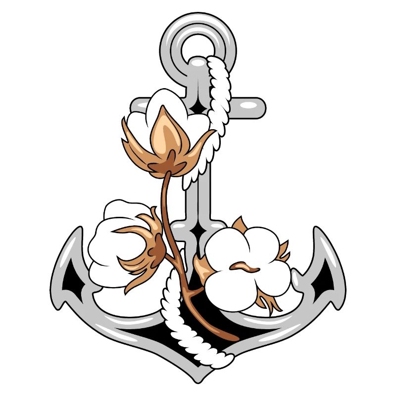 Ancre stylisée avec fleurs de coton épanouies