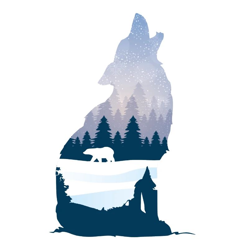 Loup hurlant en silhouette d'hiver avec forêt de conifères