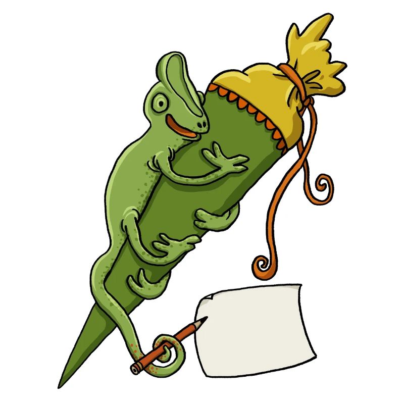 Caméléon avec cône d’école et bout de papier