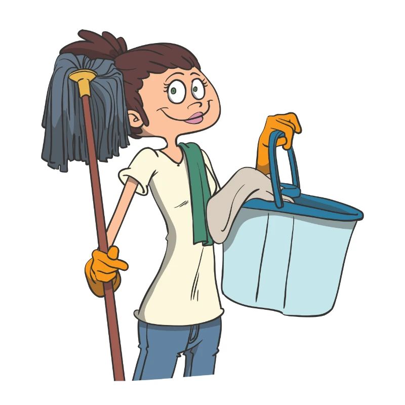 Putzfrau mit Wischmob und Eimer