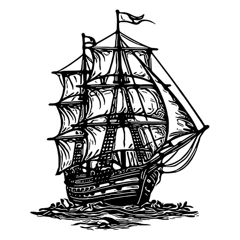 Old sailing ship with two masts under sail