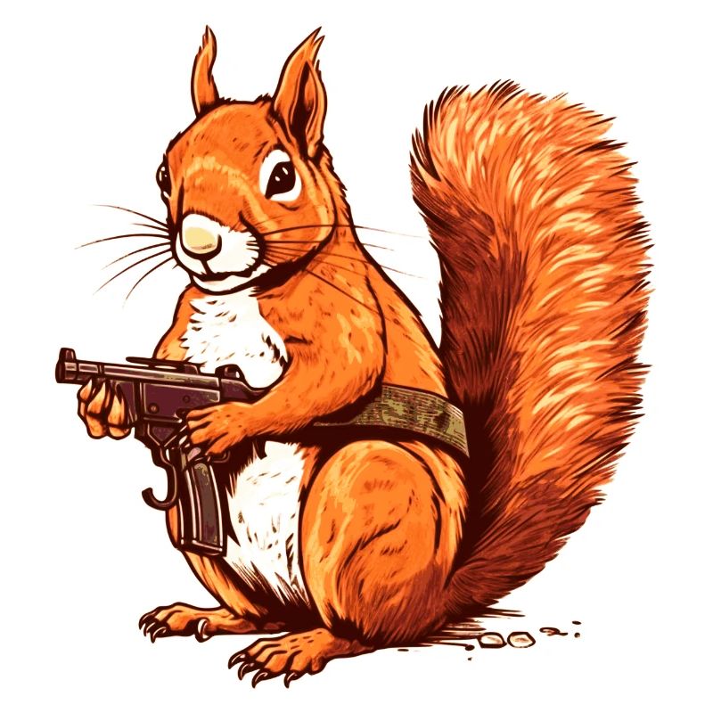 Defensive squirrel armed as an action hero