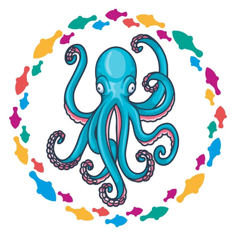 Blue octopus in a colorful fish circle