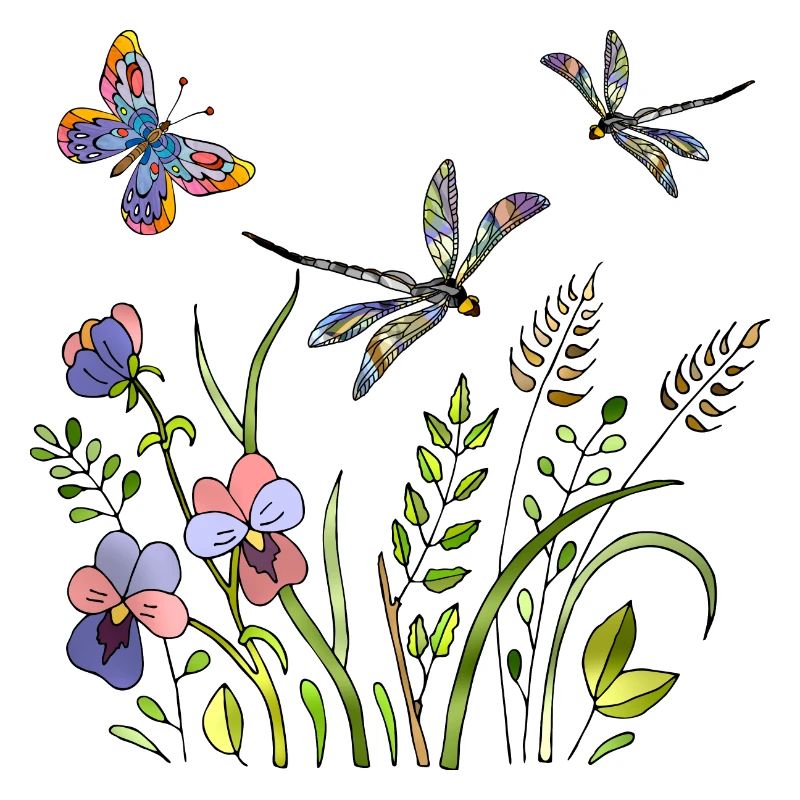 Libellules et papillon