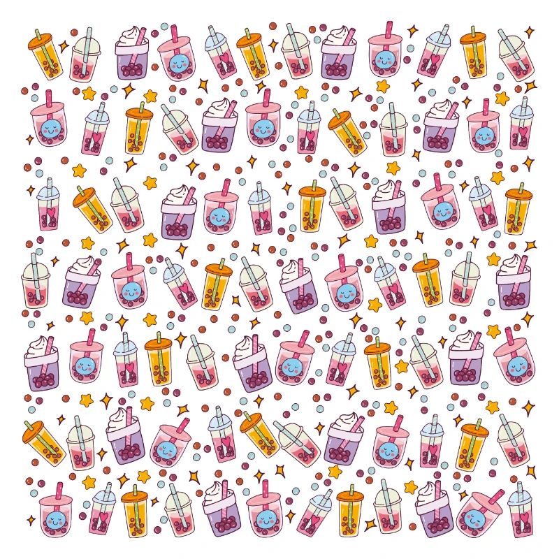Kawaii Bubble Tea Pattern With Stars and Bubbles