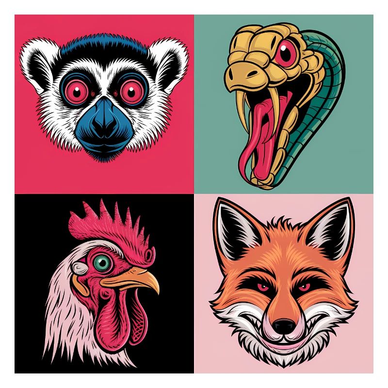Pop Art Snake Fox Rooster Lemur