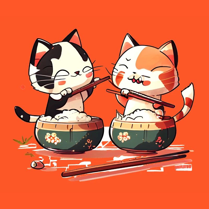 De mignons chats comiques mangent du riz ensemble
