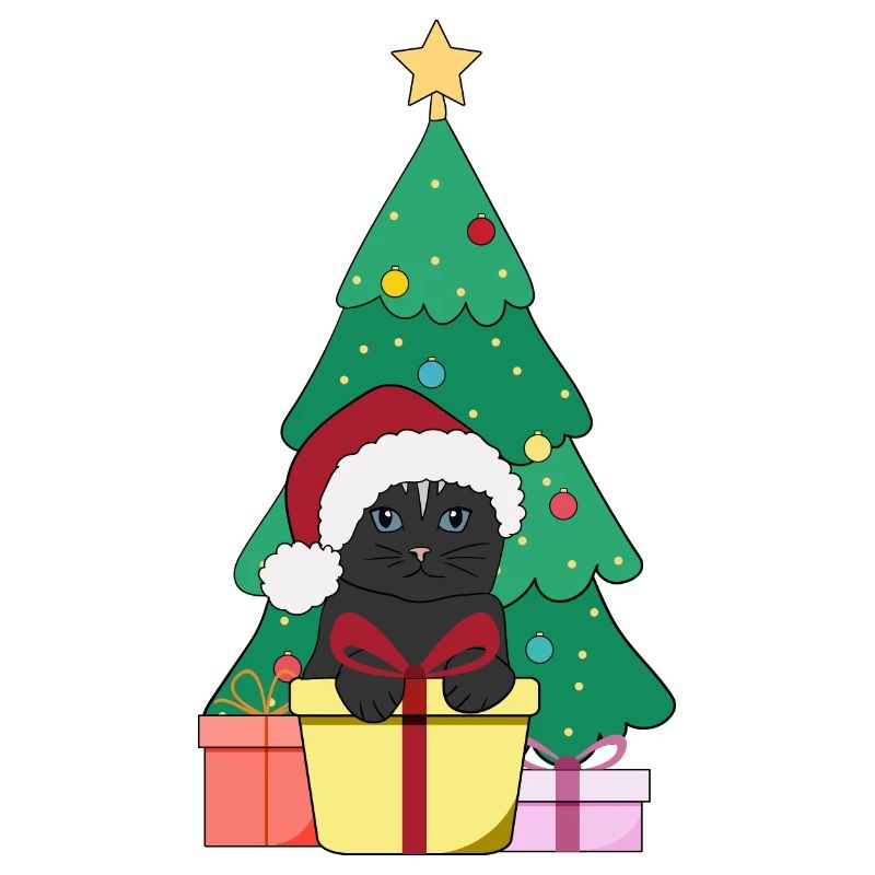 Chat devant le sapin de Noël avec chapeau de Noël Merry