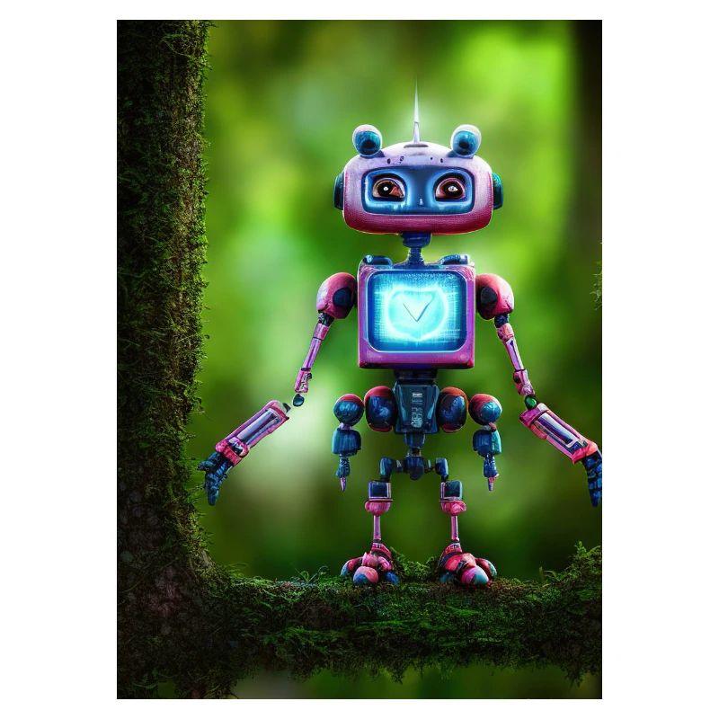 Petit robot rose dans la forêt