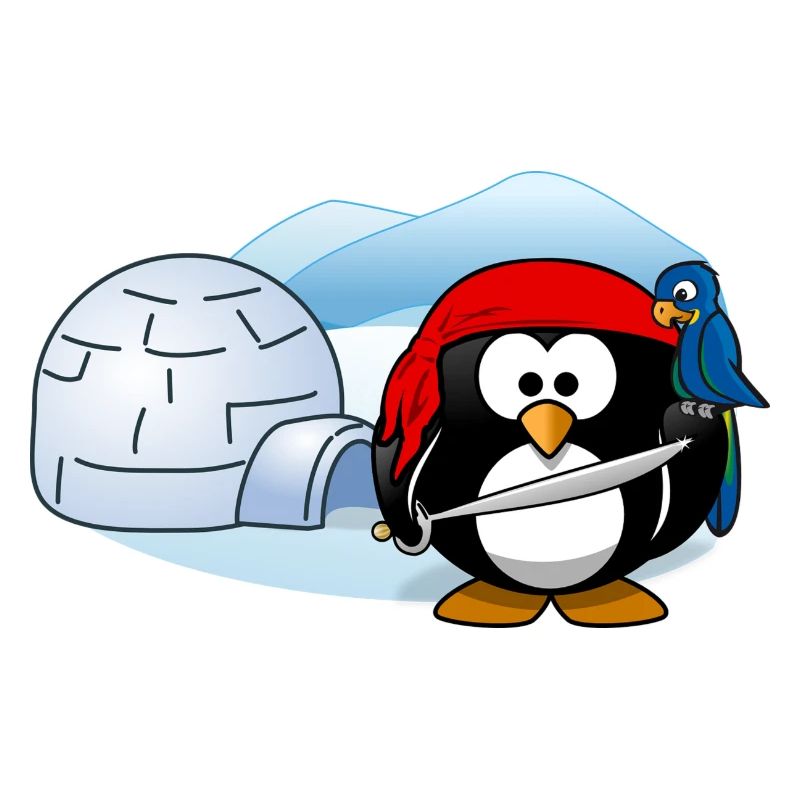 Pirate Penguin avec l'épée, perroquet et igloo.