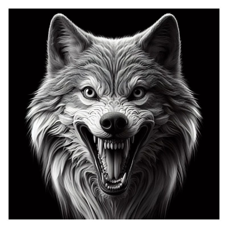 Loup Hyperréalisme 3D Gris sur Noir