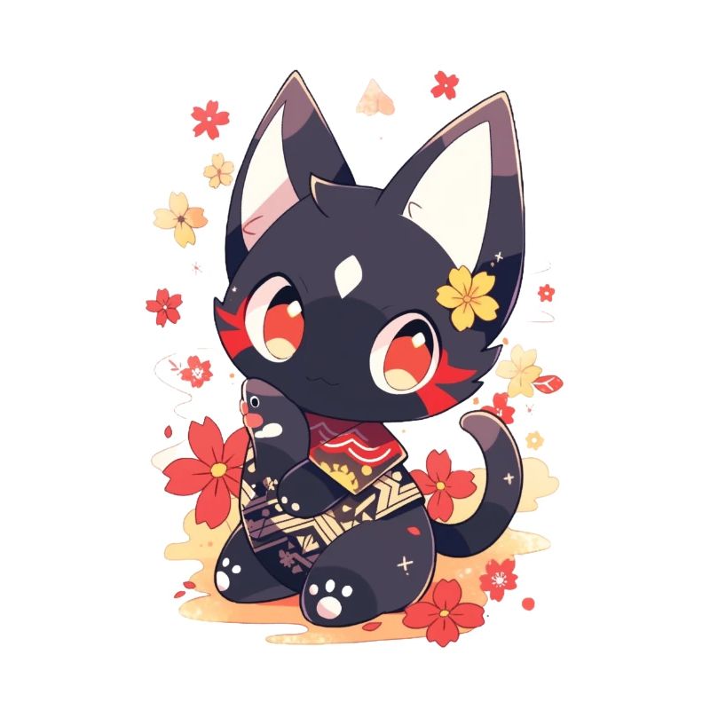 Mignon chat d’anime avec des poissons